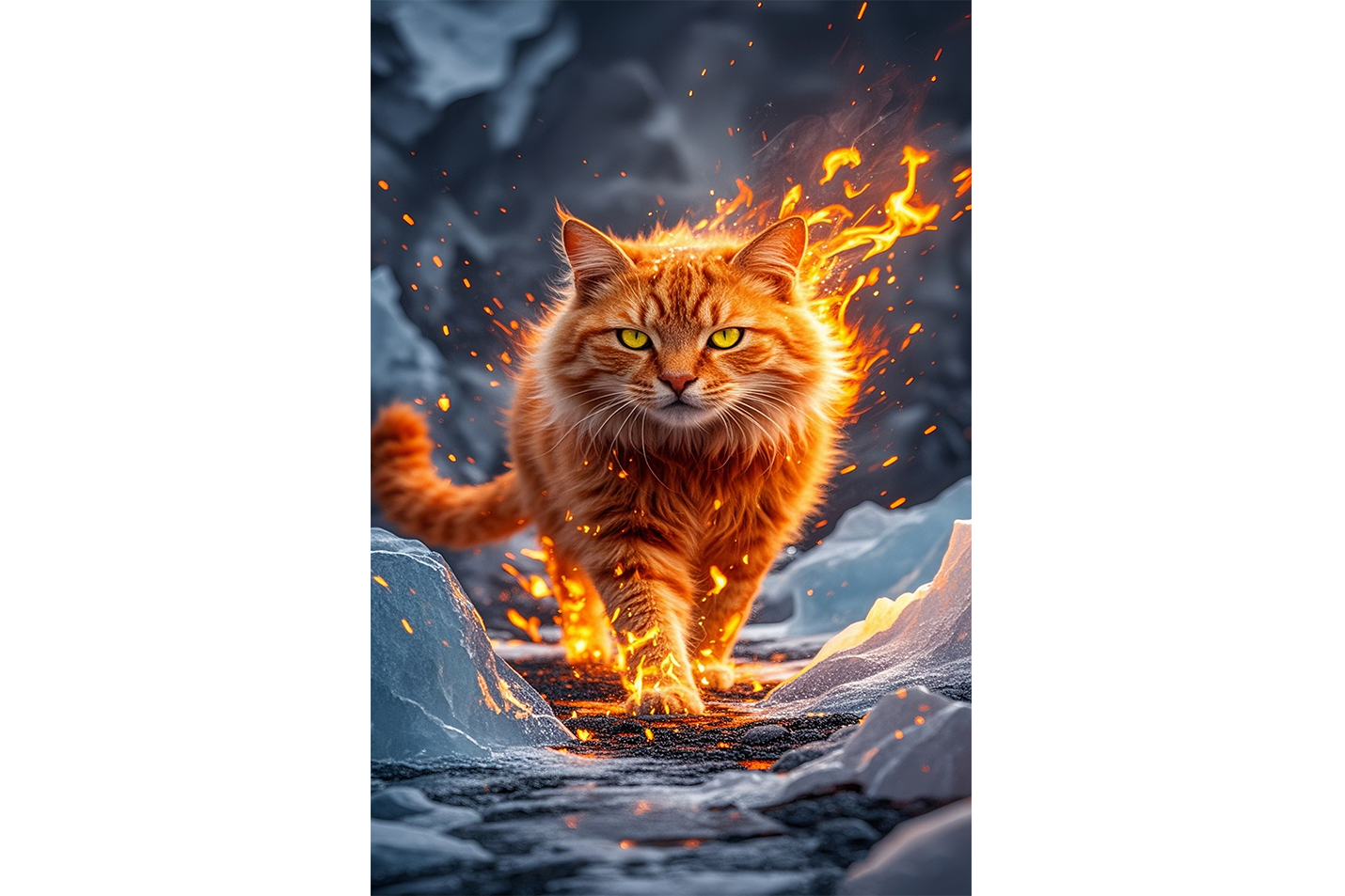 ai creation, orange cat wrapped in fire, pet, ai art, art, kanvas tablo