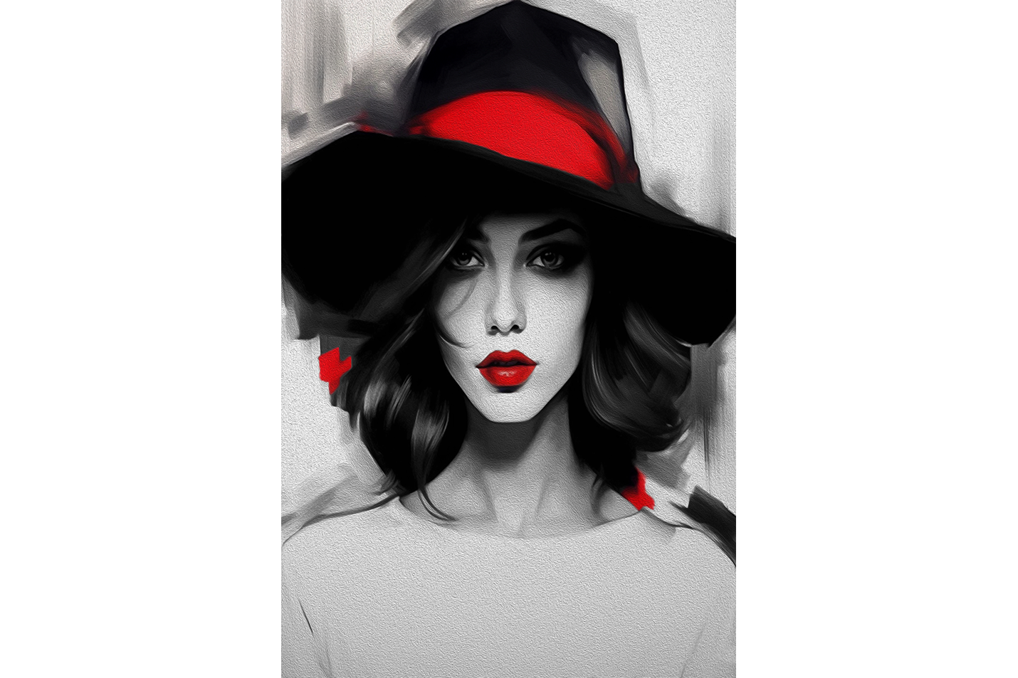 a black and white painting of a woman with selective red lips and hatband, art, kanvas tablo