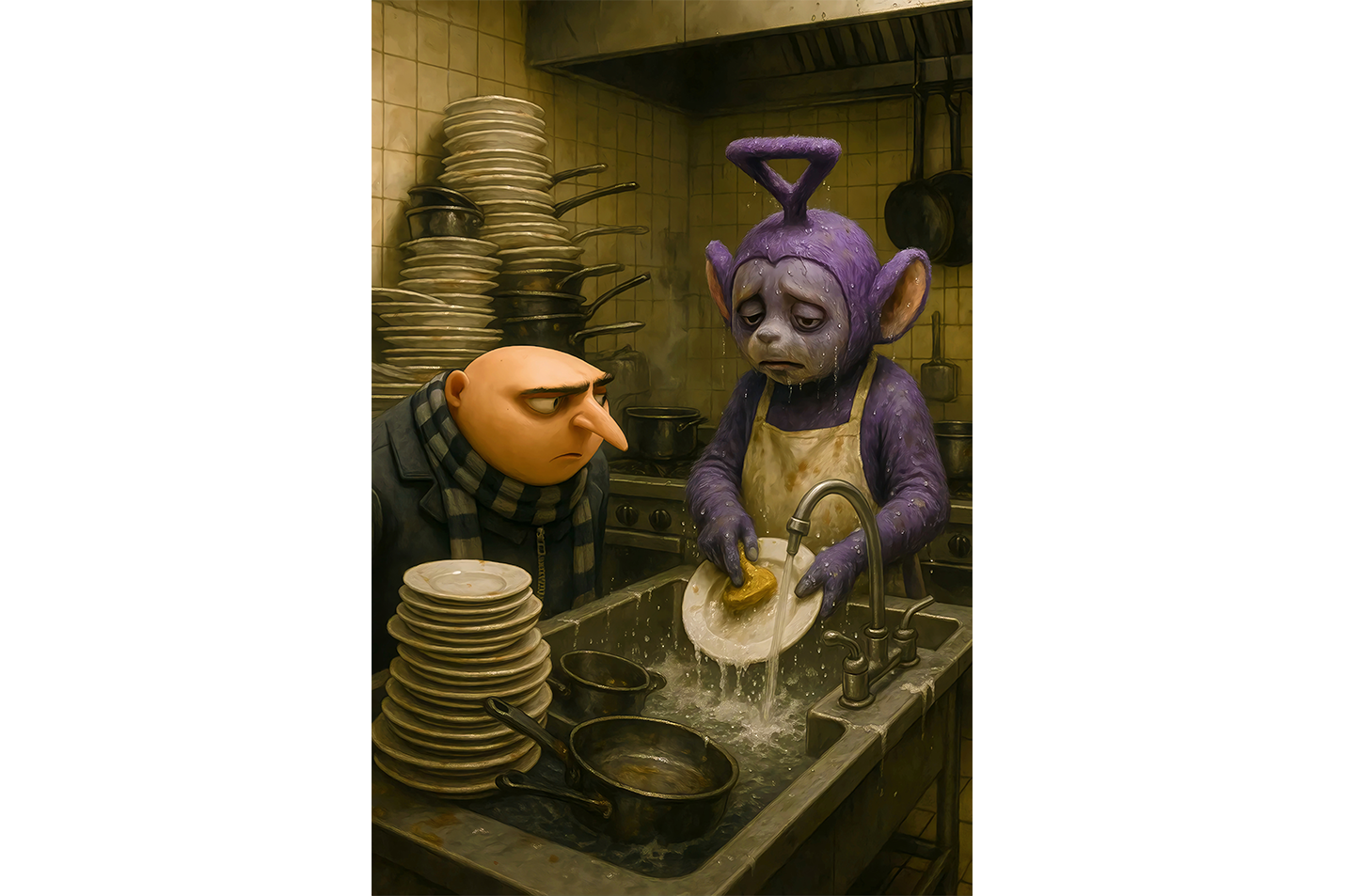 ai creation, dishwashing teletubbies model 2, ai art, art, kanvas tablo