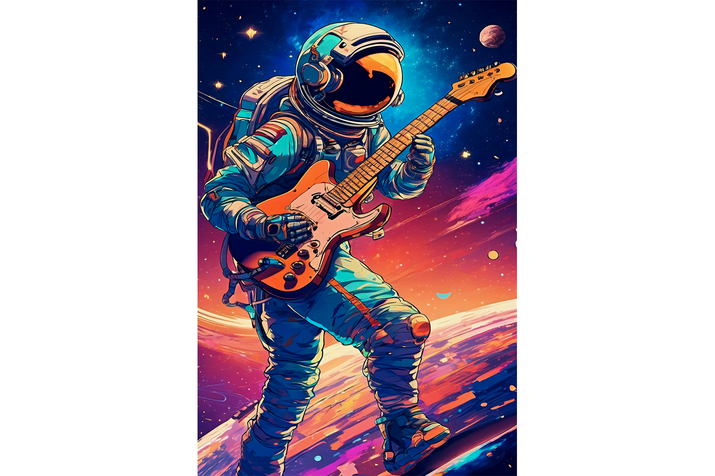 ai creation, astronaut playing guitar in space model 4, orange theme, ai art, art, kanvas tablo