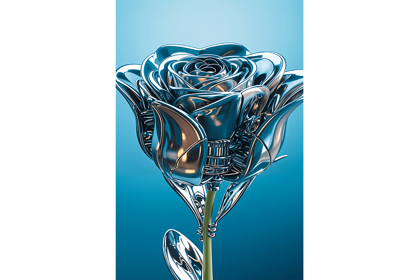 ai creation, the rose and its leaves are made of silver, in muted blue tones model 2, ai art, art, kanvas tablo