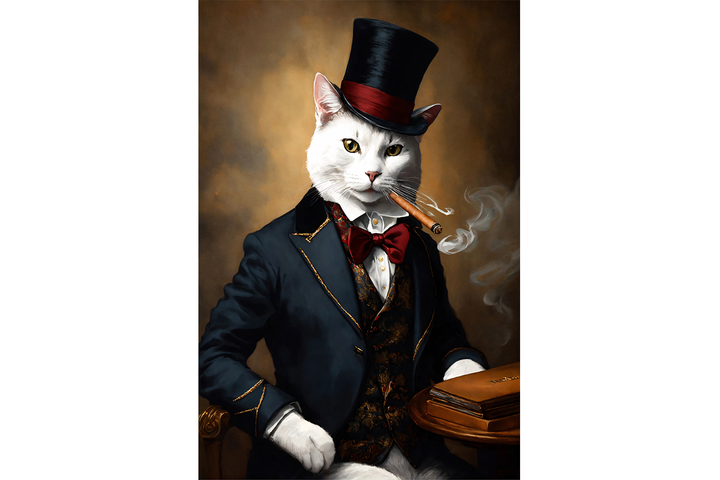 cat in a hat smoking a cigar, smoke, pet, art, kanvas tablo