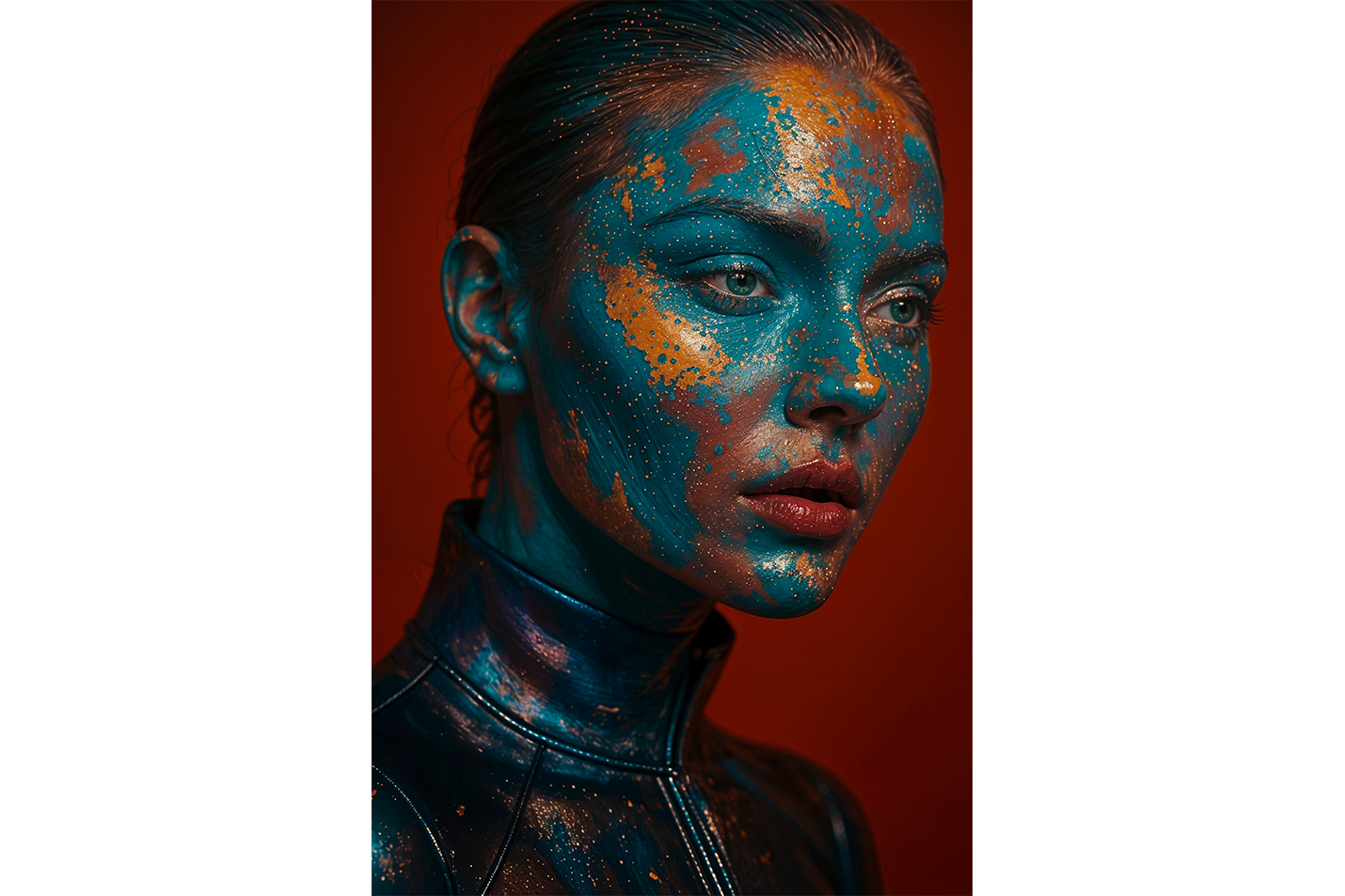ai creation, a womans face with turquoise and gold artistic paint, ai art, art, kanvas tablo