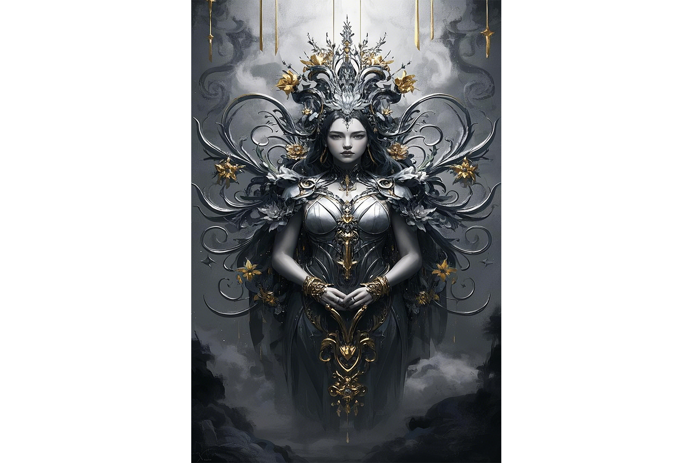 ai creation, a dark goddess in intricate silver armor with ornate gold filigree details, ai art, art, kanvas tablo