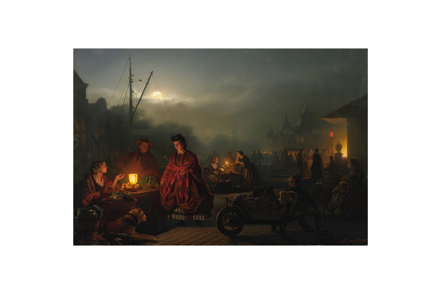 Petrus van Schendel'in Işık Ustası Eseri Ay Işığında Pazar Yeri Romantik Kanvas Tablo
