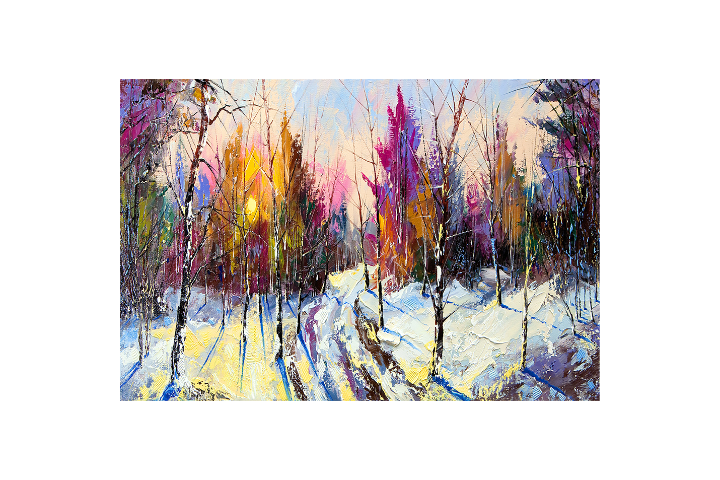 a vibrant palette knife painting of a snowy forest path at sunrise, view, art, kanvas tablo