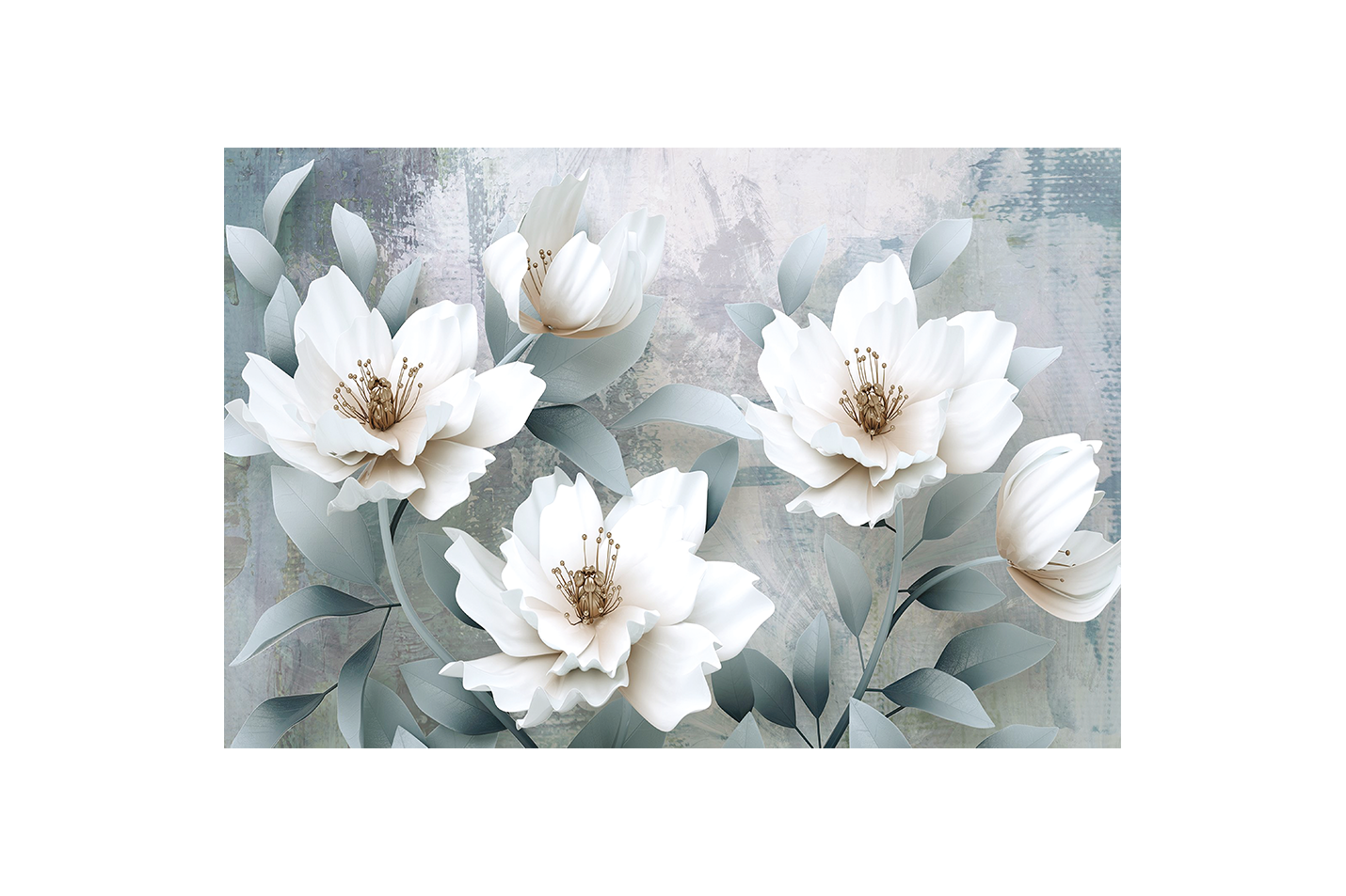 a 3d render of elegant white flowers on a grey textured painterly background, flower motif, art, kanvas tablo