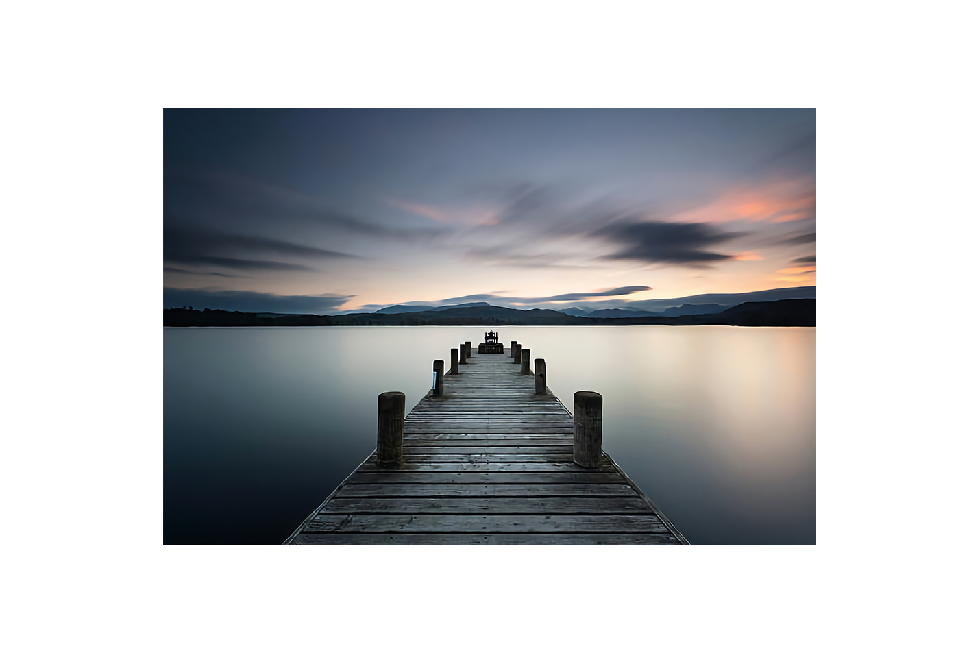 a serene wooden pier on a glassy lake with a moody, long exposure sky, view, art, kanvas tablo