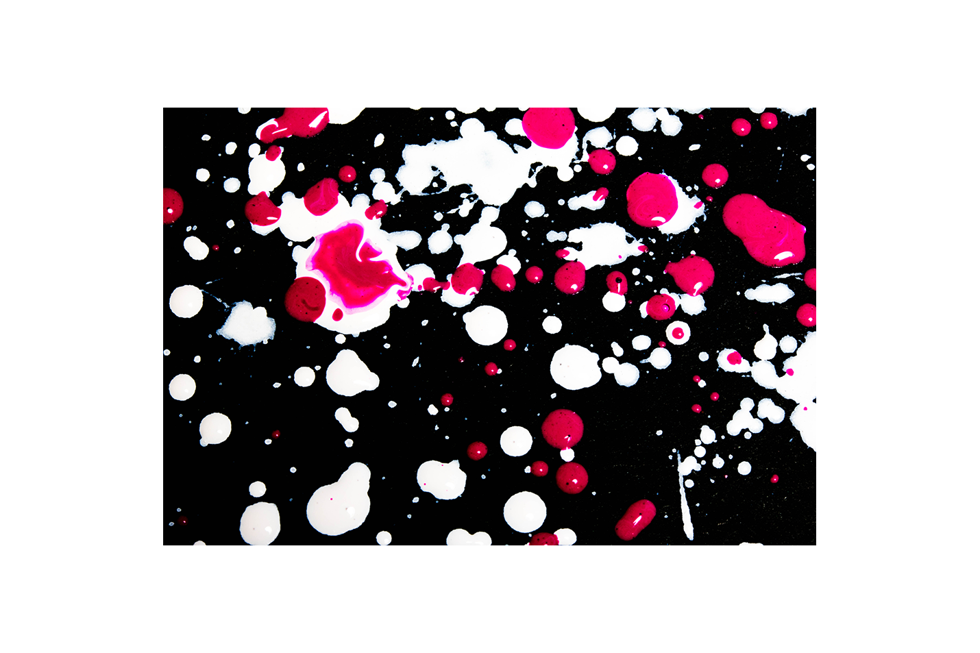 expressive action painting with vibrant pink and white splatters on a black canvas, abstract, art, kanvas tablo
