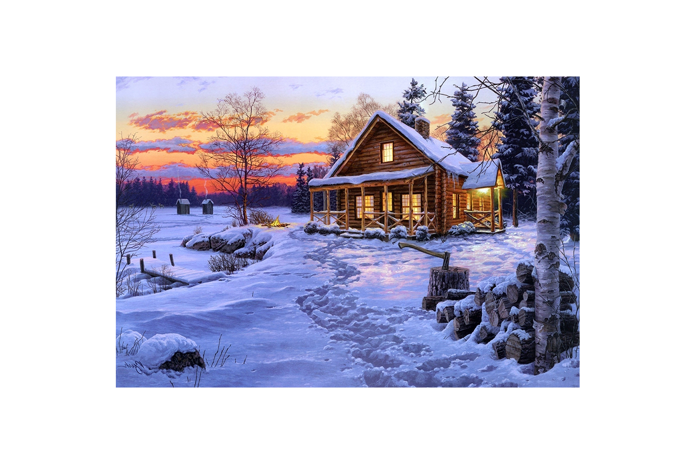 footprints in the snow lead to a cozy cabin glowing at sunset, view, art, kanvas tablo