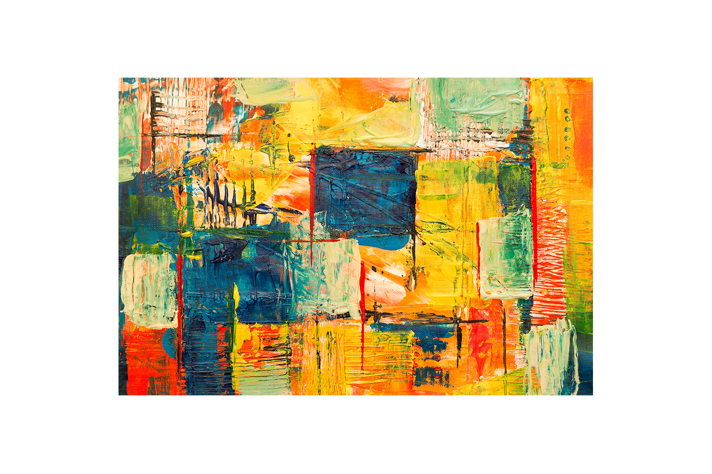 a heavily textured abstract painting with a colorful grid of warm and cool tones, abstract, art, kanvas tablo
