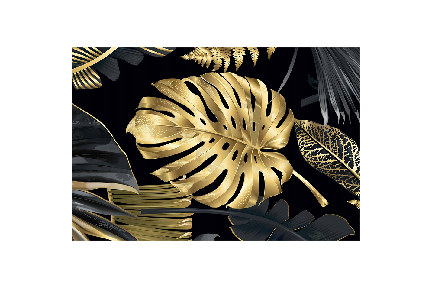 a luxurious pattern of metallic gold and black tropical leaves on a black background, flower motif, art, kanvas tablo