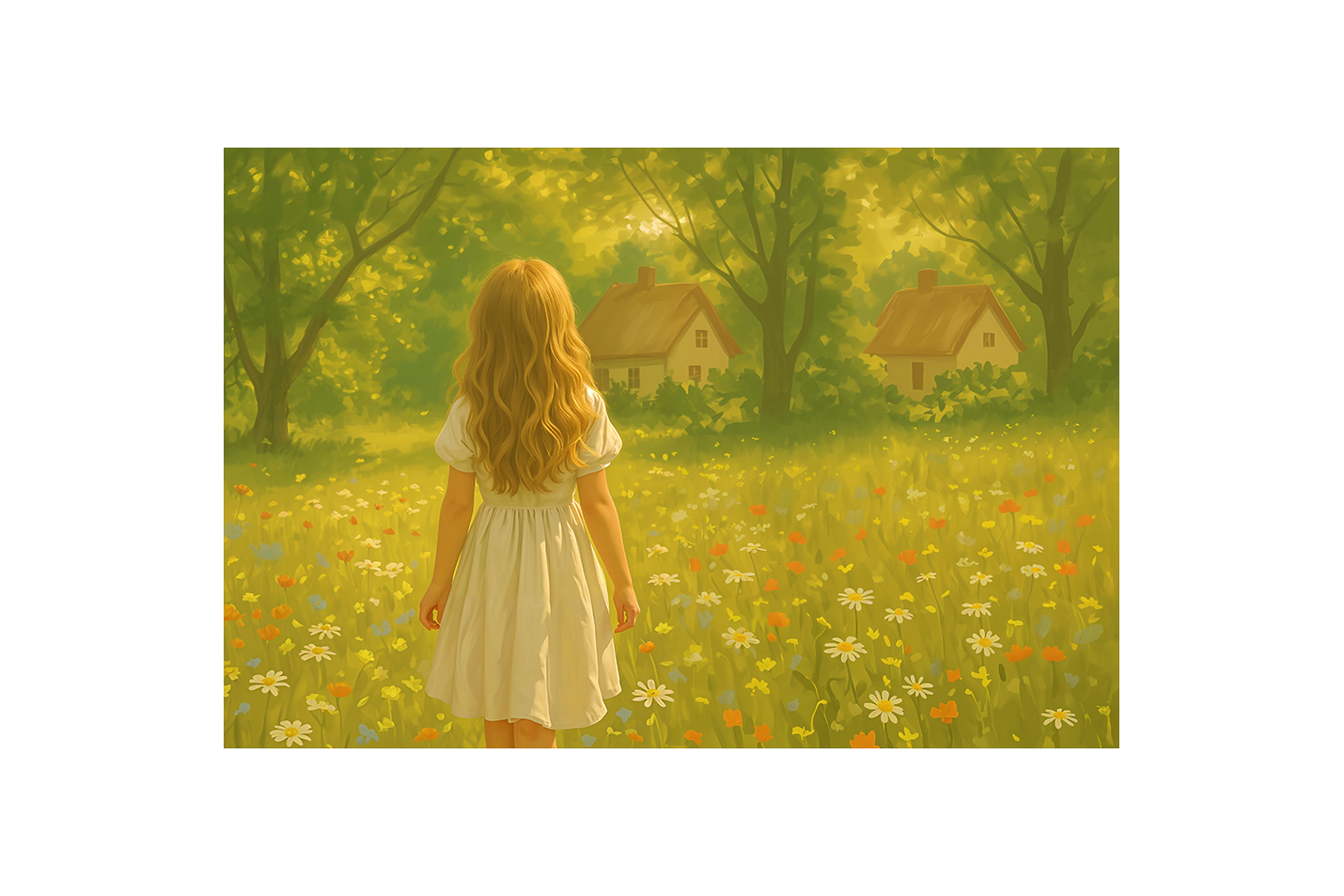 forest and small hut with flower view with little girl, view, art, kanvas tablo