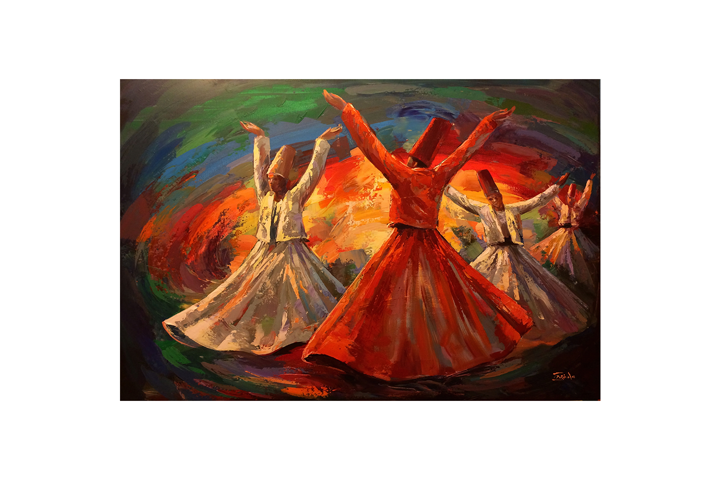 an expressive palette knife painting of whirling dervishes in a colorful swirl, art, kanvas tablo