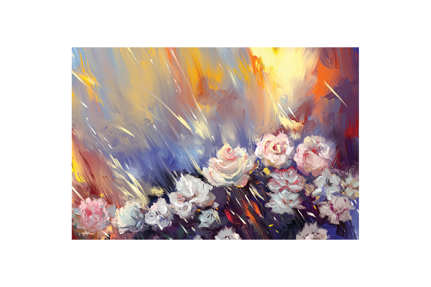 a dramatic, expressive painting of white roses with streaks of colorful light, art, kanvas tablo