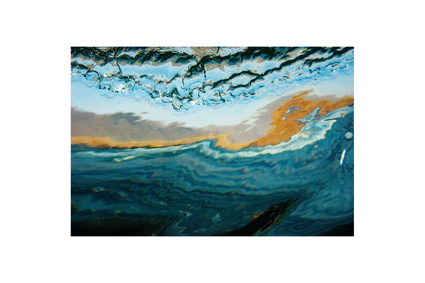 an abstract underwater photo looking up at the surface and a colorful sky, view, art, kanvas tablo