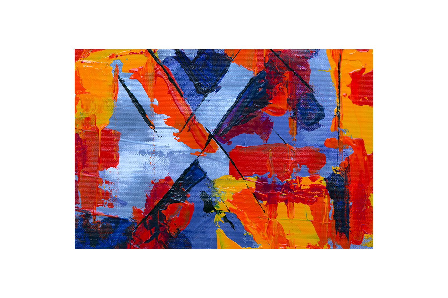 an abstract painting on canvas with clashing diagonal lines and vibrant primary colors, abstract, art, kanvas tablo