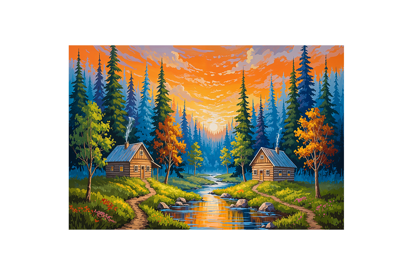 two huts forest view at sunset model 1, view, art, kanvas tablo