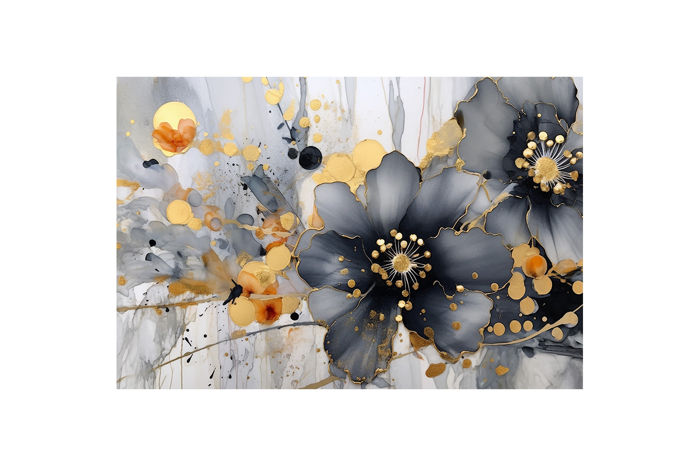 an elegant alcohol ink painting of grey flowers with gold leaf details, flower motif, art, kanvas tablo