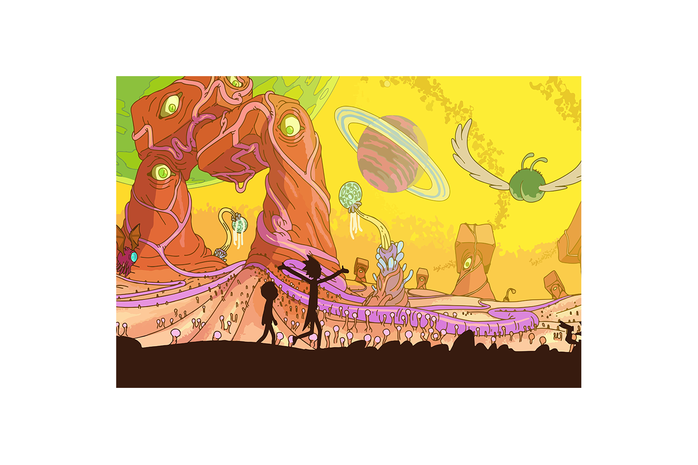 silhouettes of rick and morty exploring a vibrant, psychedelic alien world, anime, art, kanvas tablo