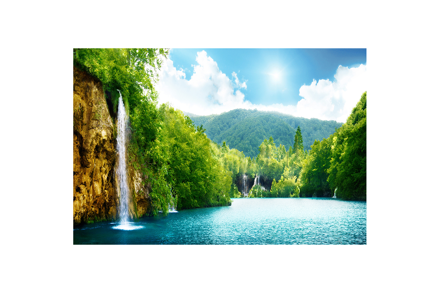 a paradise of waterfalls cascading into a vibrant turquoise lake in a lush valley, view, art, kanvas tablo