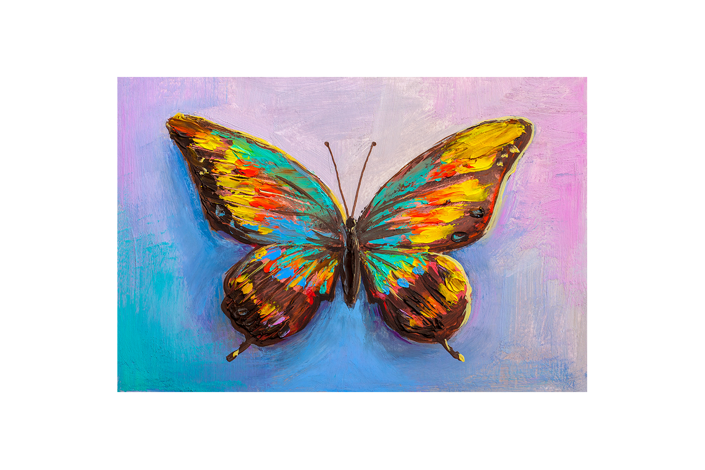 a vibrant, textured palette knife painting of a single colorful butterfly, flower motif, art, kanvas tablo