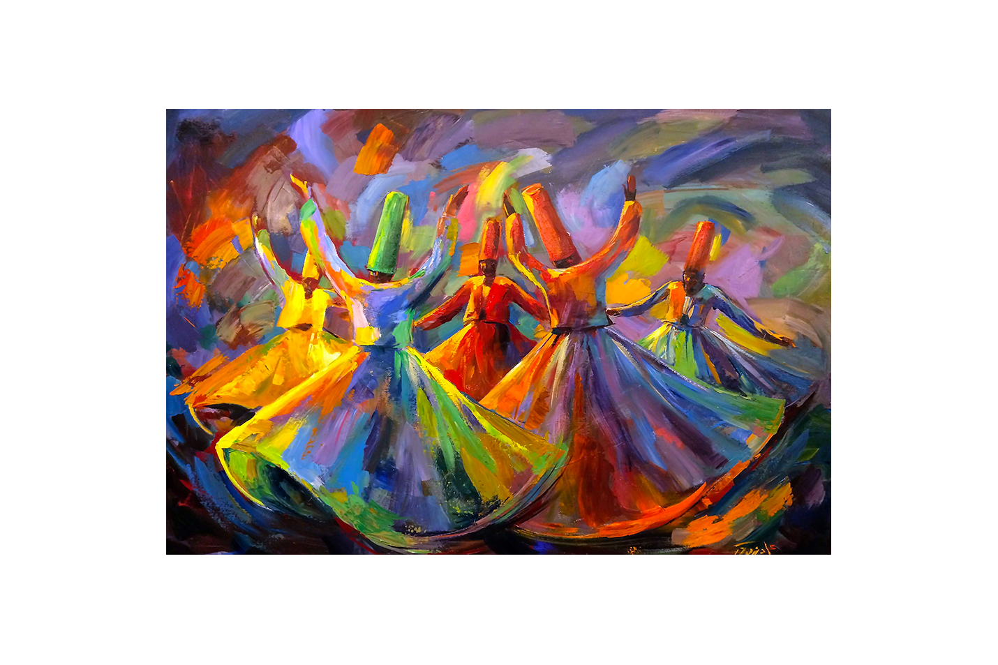 a vibrant, colorful, abstract painting of whirling dervishes spinning, art, kanvas tablo