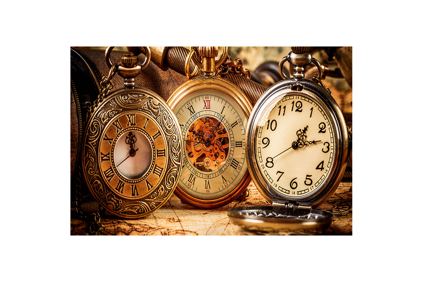 a still life of ornate, vintage pocket watches on an old world map, art, kanvas tablo