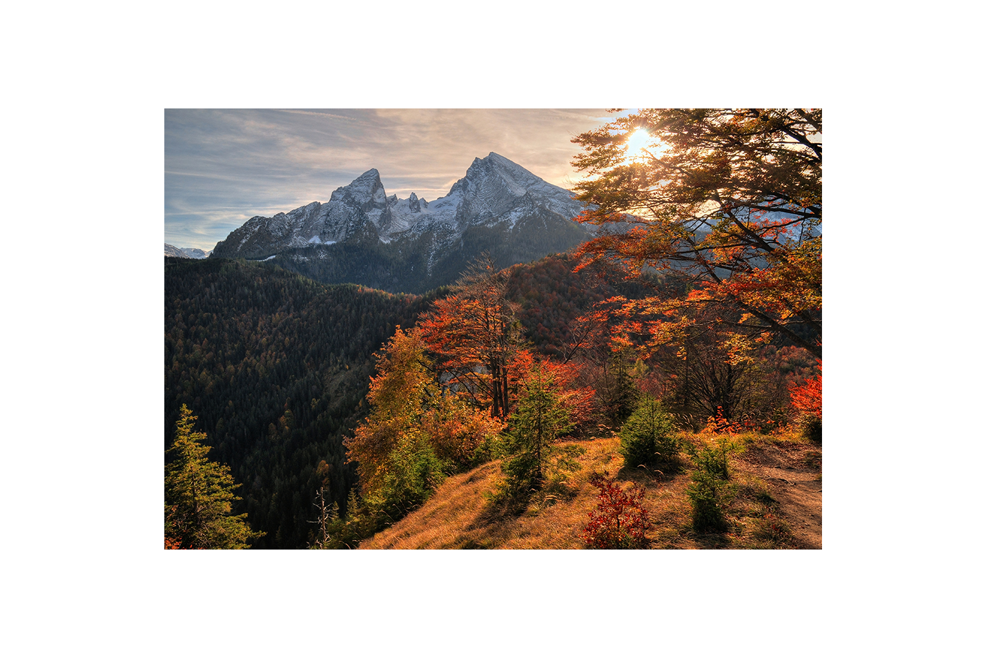 a majestic snow-capped mountain peak rising above a vibrant autumn forest, view, art, kanvas tablo