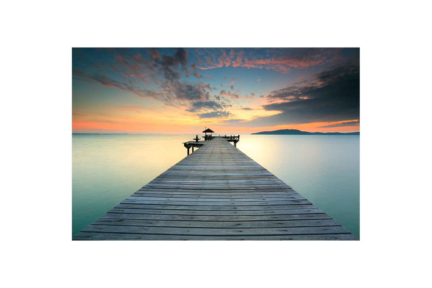a serene long exposure of a wooden pier over a glassy sea at sunset, view, art, kanvas tablo
