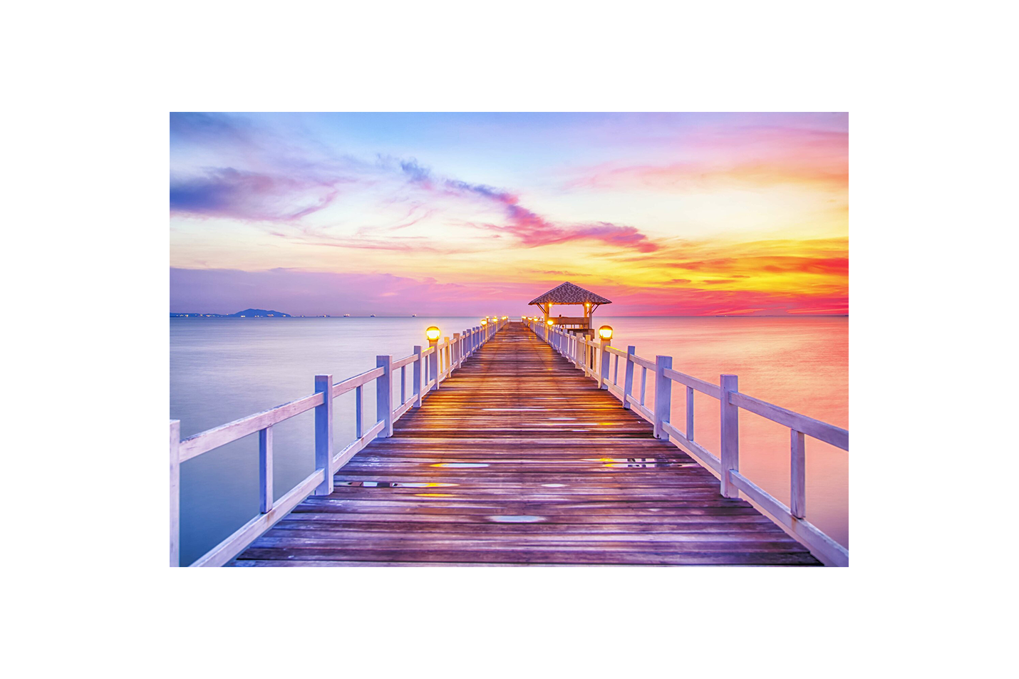 a peaceful wooden pier with glowing lamps leading to a vibrant ocean sunset, view, art, kanvas tablo