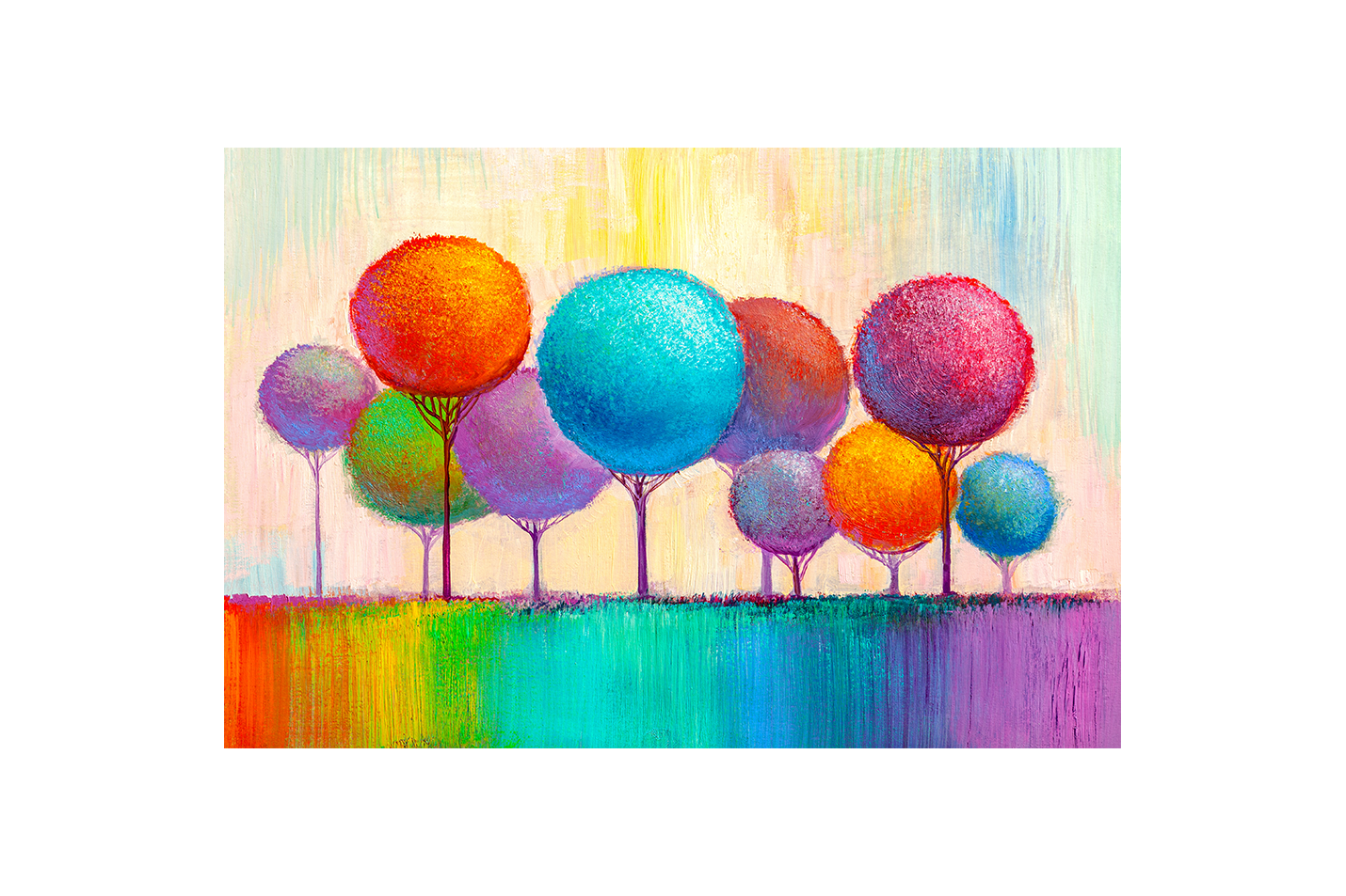 a whimsical, textured painting of colorful lollipop trees on a rainbow ground, view, art, kanvas tablo