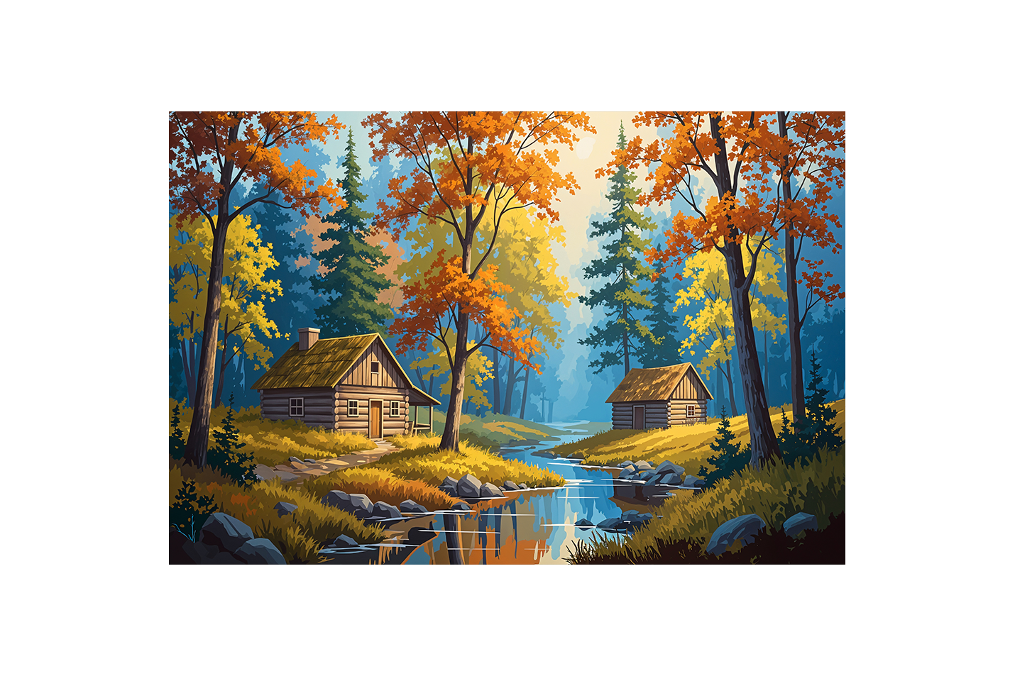 two huts forest view at sunset model 2, view, art, kanvas tablo