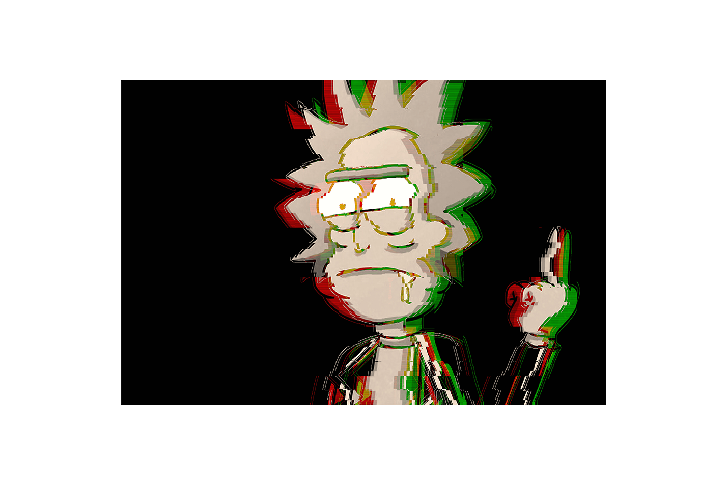 rick sanchez giving the middle finger, with a heavy glitch art effect, anime, art, kanvas tablo