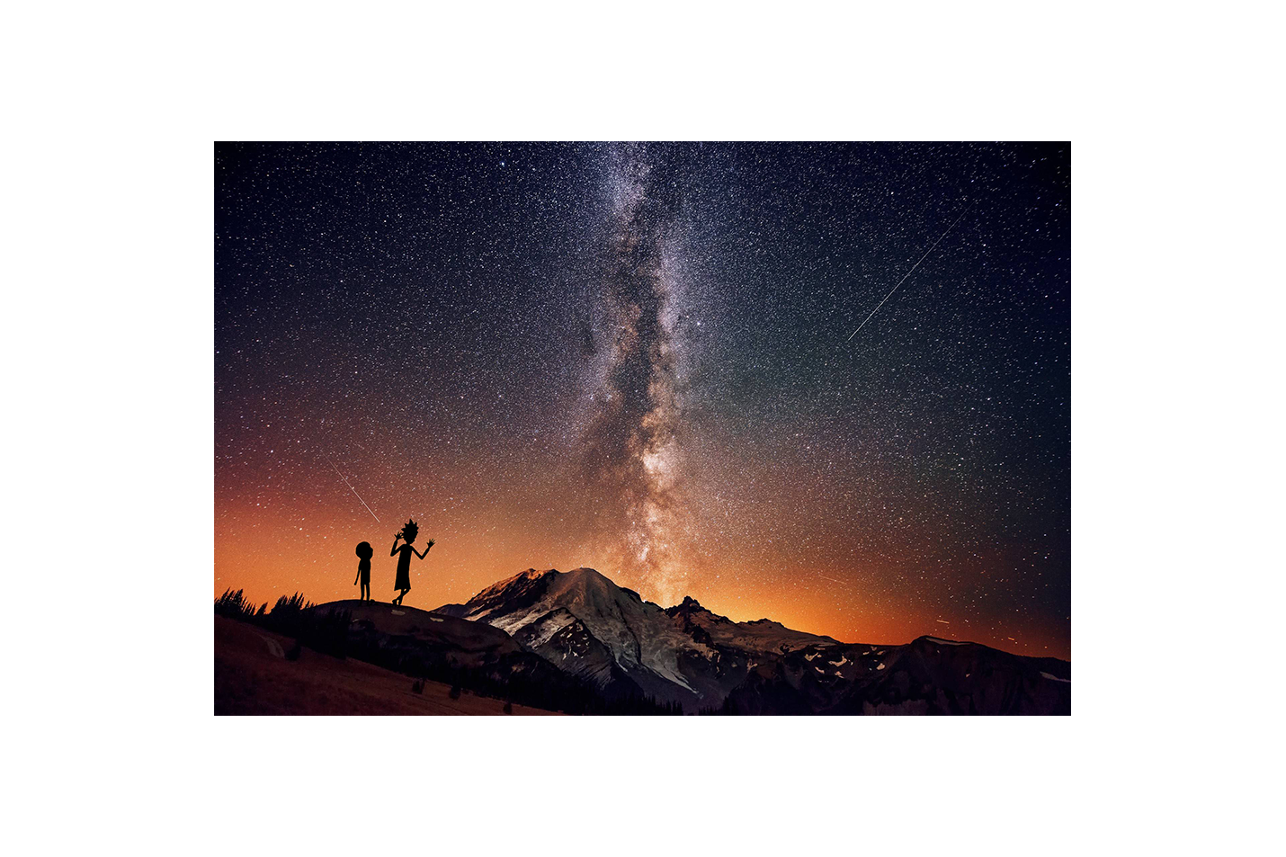rick and morty as silhouettes watching the milky way over a mountain, anime, art, kanvas tablo
