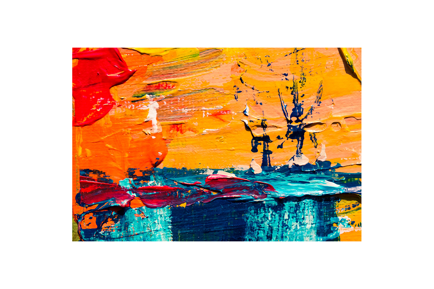 a close-up of a vibrant abstract painting with thick orange and blue brushstrokes, abstract, art, kanvas tablo