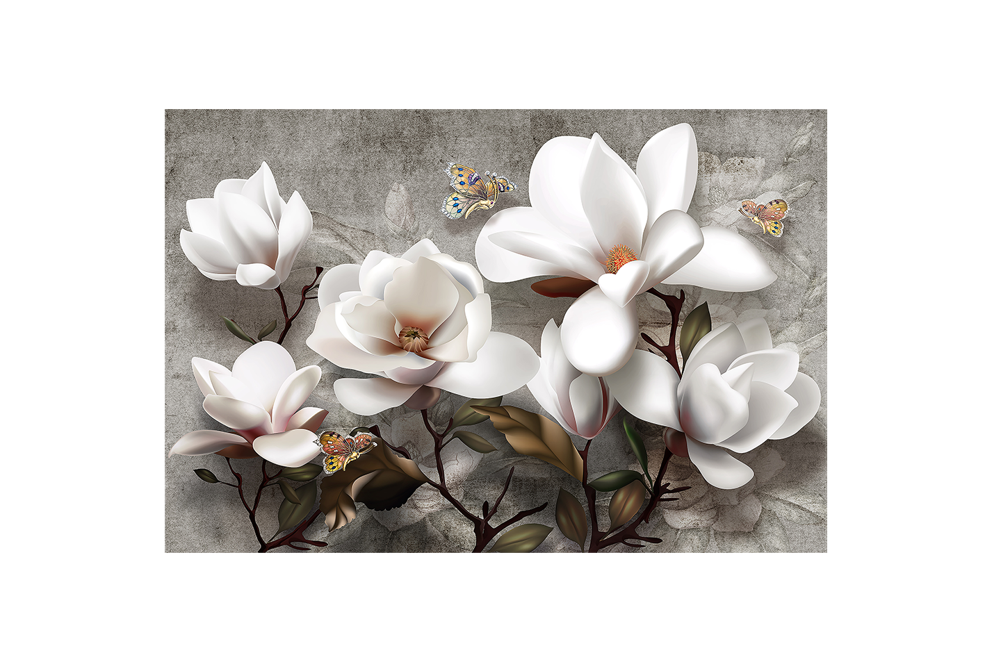 a 3d render of white magnolias and butterflies on a grey textured concrete wall, flower motif, art, kanvas tablo