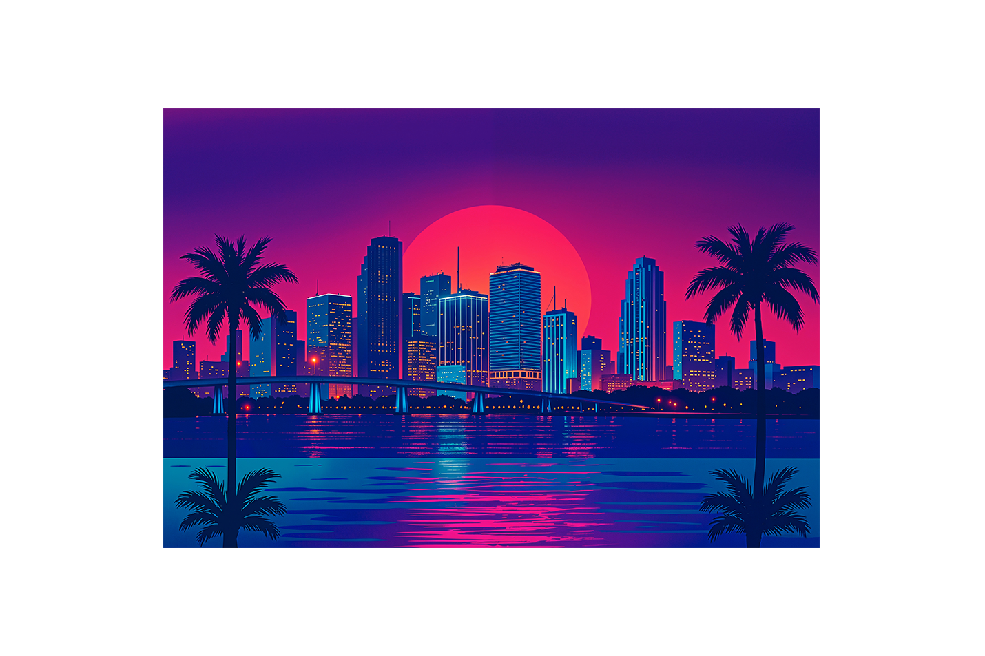 ai creation, sunset in a retrowave and cyberpunk looking city, ai art, art, kanvas tablo