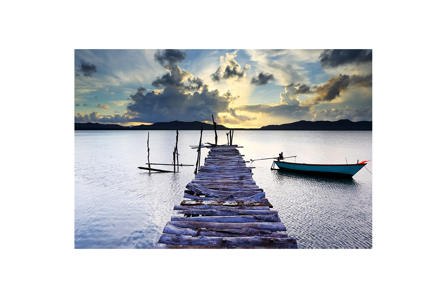 a rustic, weathered pier and a small boat on a calm, reflective lake, view, art, kanvas tablo