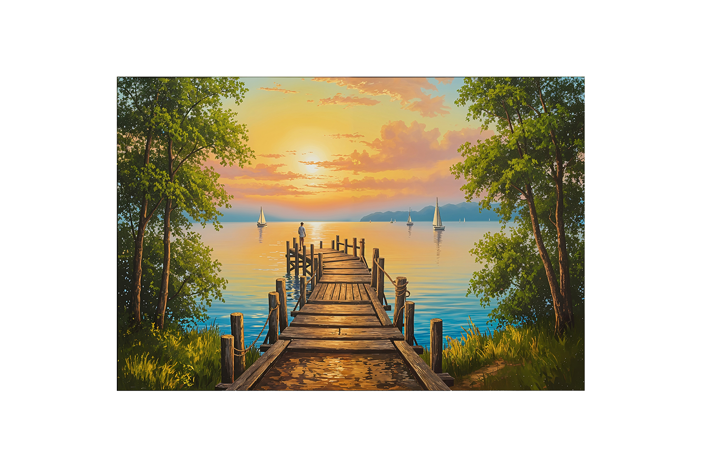 pier and nature view by the river with colorful flowers model 3, view, ai art, art, kanvas tablo