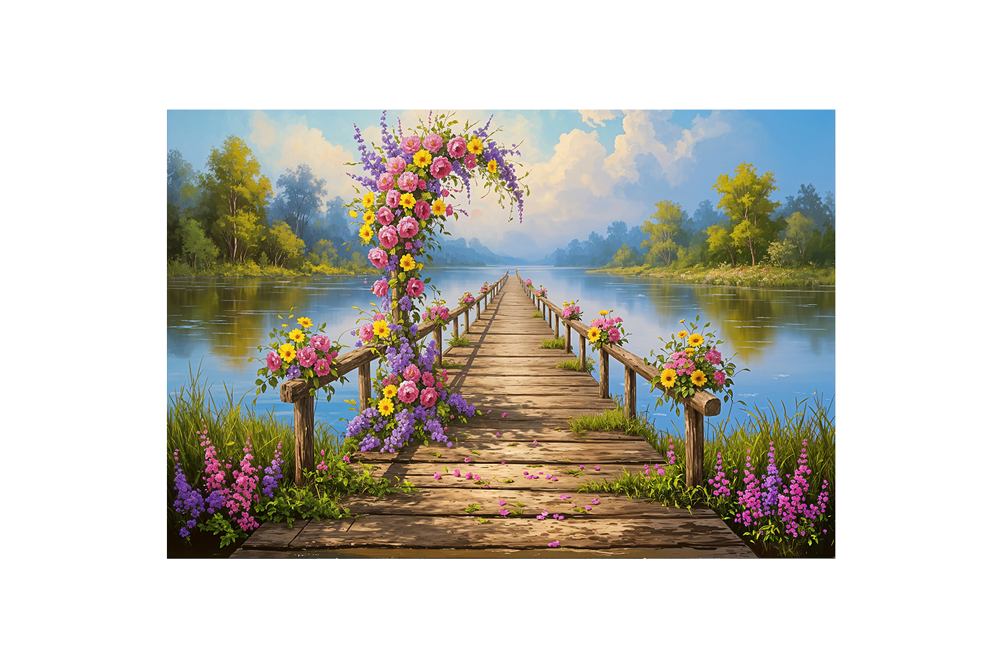 pier and nature view by the river with colorful flowers model 2, view, ai art, art, kanvas tablo