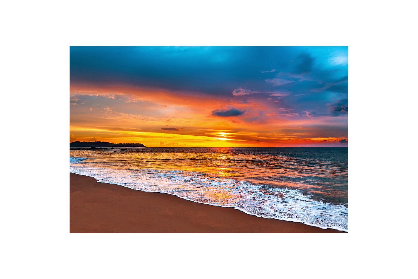 a fiery orange sunset meets a dark blue sky over a beach, view, art, kanvas tablo