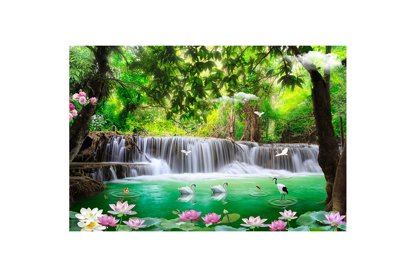 a fantasy jungle waterfall with swans, a crane, and pink lotus flowers, view, art, kanvas tablo