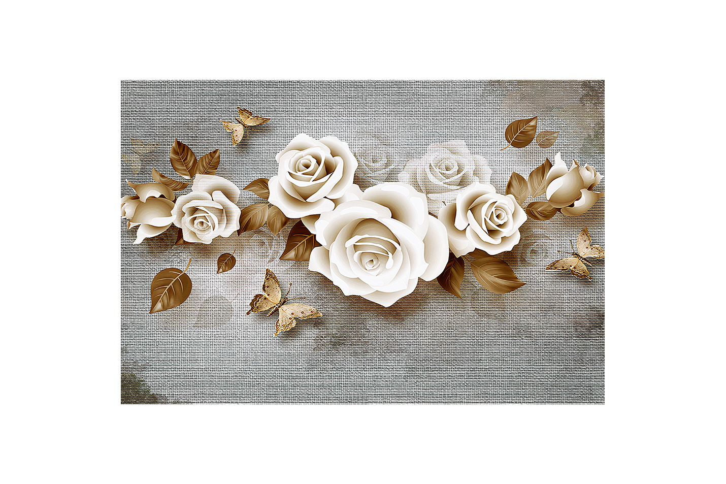 a modern wallpaper design of 3d roses and metallic brown butterflies, flower motif, art, kanvas tablo