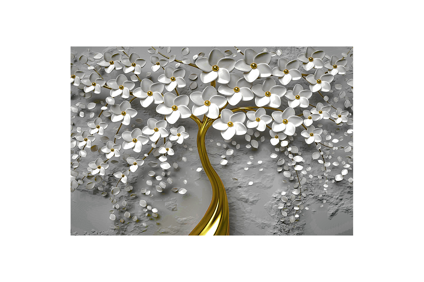 a 3d wallpaper design of an elegant golden tree with white flowers, flower motif, art, kanvas tablo