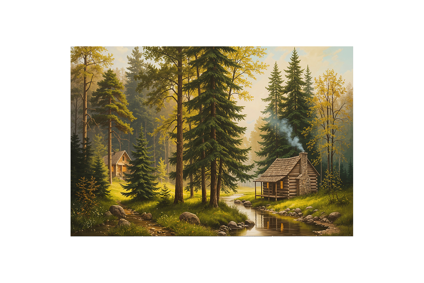 two huts forest view at sunset model 3, view, art, kanvas tablo