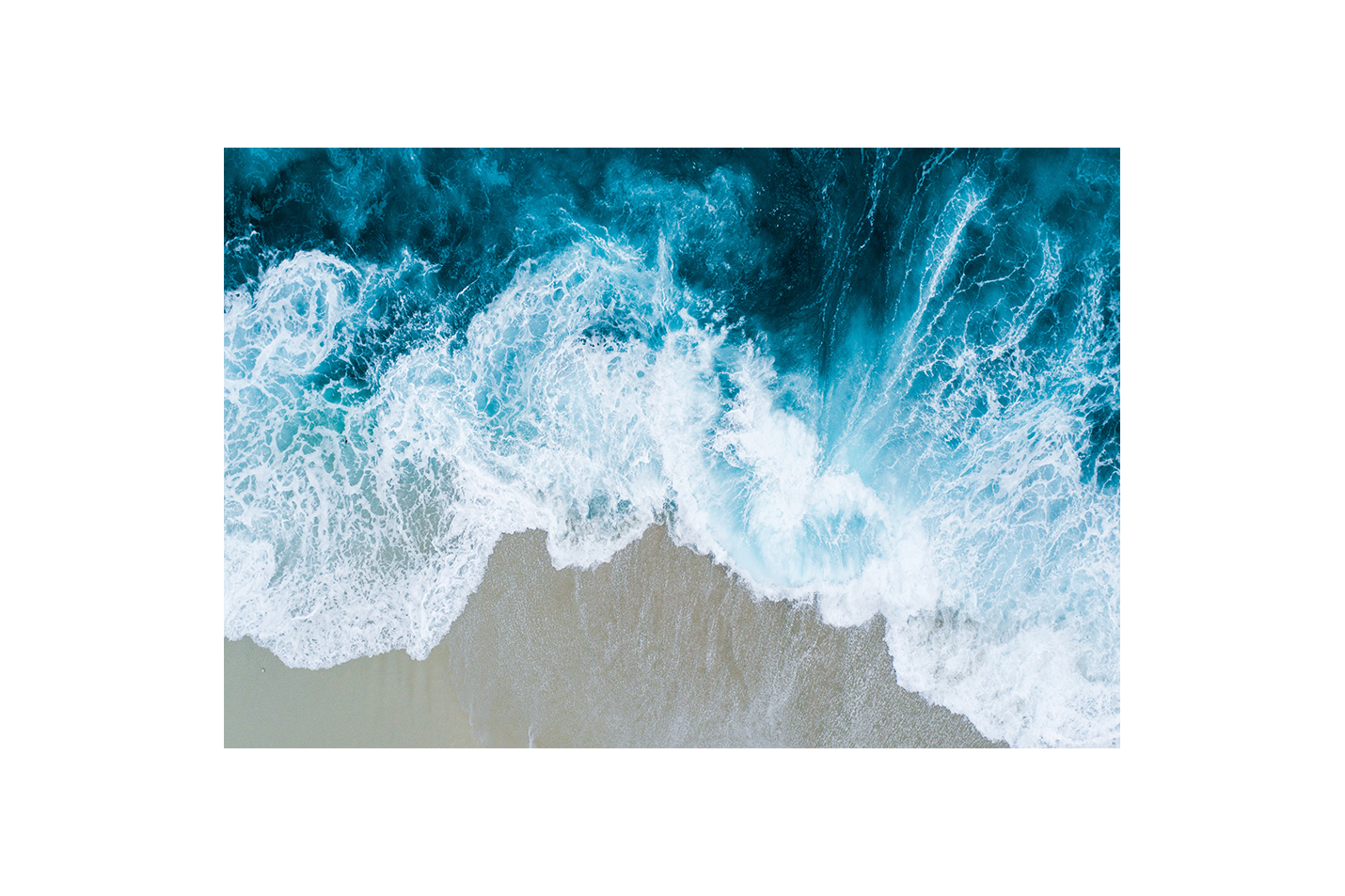 an aerial top-down view of turquoise ocean waves crashing on a sandy beach, view, art, kanvas tablo