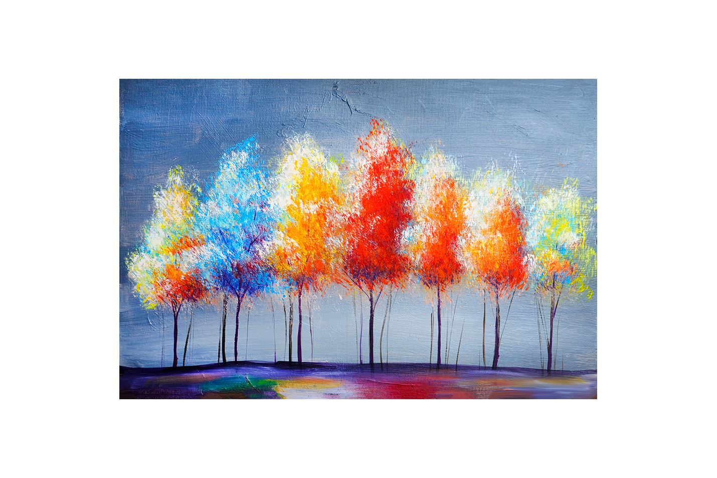 a vibrant, textured palette knife painting of a row of colorful autumn trees, view, art, kanvas tablo
