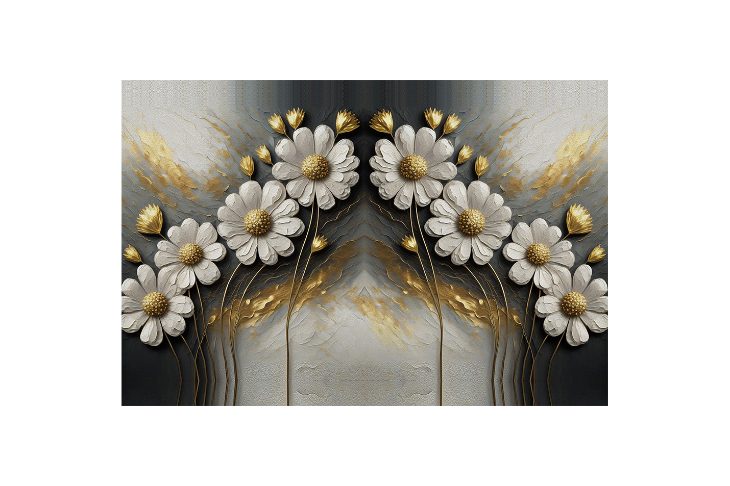 an elegant and symmetrical design of white and gold flowers on a texture, flower motif, art, kanvas tablo