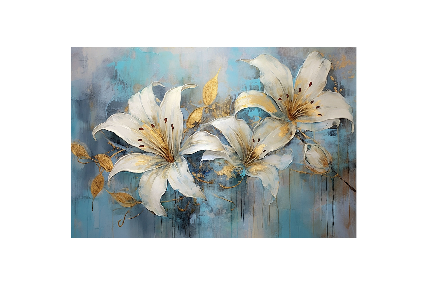 white lilies with gold leaf accents against a textured, dripping blue background, flower motif, art, kanvas tablo